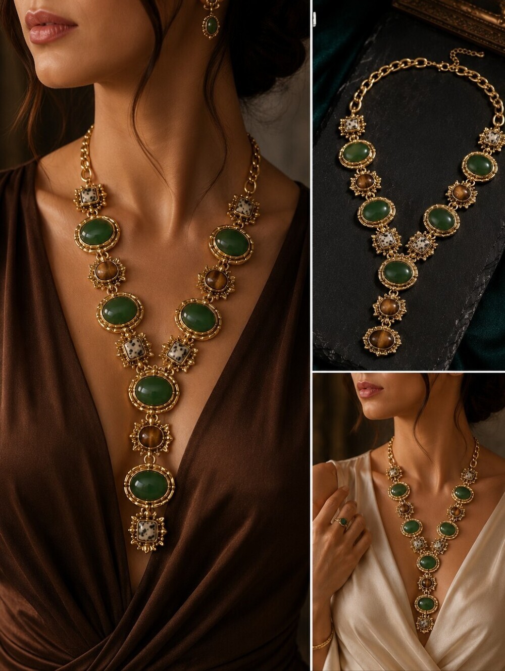 Elegant Gold-Plated Green Stone Statement Necklace